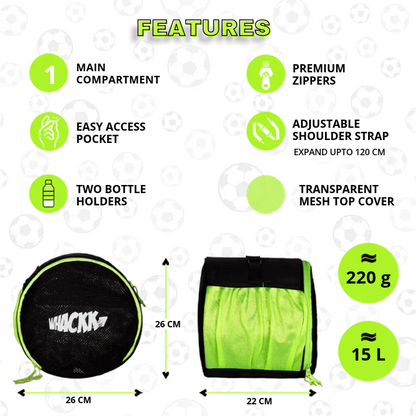 WHACKK Kick Ball Bag Black Green | Football & Volleyball Carry Bag with Drawstring Closure | Lightweight Sports Ball Carrier for Kids & Adults