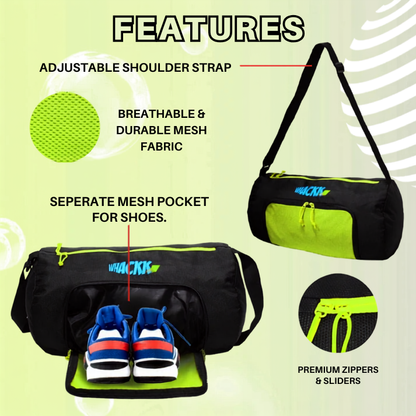 WHACKK Track Gym Bag for Men & Women | Fluorescent Green Sports Duffle Bag with Shoe Compartment | Lightweight Gym, Workout & Weekend Travel Duffel